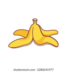 Yellow single banana peel vector illustration, hand drawn flat cartoon style isolated on white background. Banana peel icon