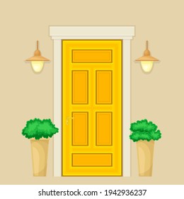 Yellow Single Door Facade Decorated with Green Bushes in Cachepot and Light Vector Illustration