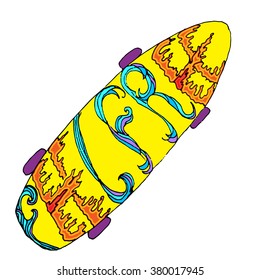 Yellow skateboard with ornate words - feel free. Hand drawn symbol of urban lifestyle, youth culture, teenage subculture
