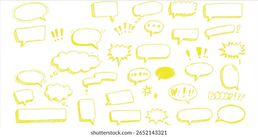 Yellow sketch-style speech bubbles with comic energy bursts – hand-drawn vector set for creative communication, fun pop art, and messaging illustration designs

