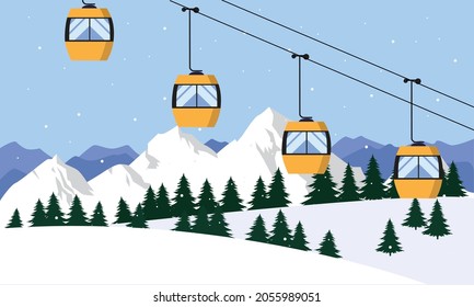 El telesilla amarilla para esquiadores de montaña y snowboard se mueve en el aire sobre un teleférico en el fondo de las montañas cubiertas de nieve de invierno. Ilustración del vector