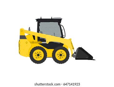 Yellow skid steer loader. Side view. Flat vector.