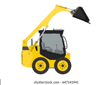 Yellow skid steer loader. Side view. Flat vector.