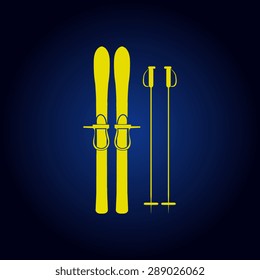 Yellow Skiing gear set - assortment of skiing equipment silhouette  on a blue background