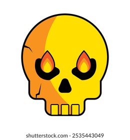 Yellow skull animation with fiery eyes, spooky Halloween design, horrorthemed graphic, piratethemed projects, tattoo designs, rock or metal band merchandise.