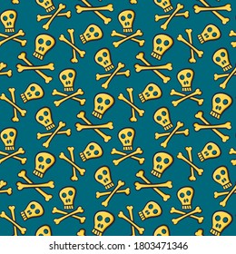 Yellow skull and bones isolated on a green background. Cheerful cute cartoon seamless pattern. Vector flat graphic hand drawn illustration. Texture.