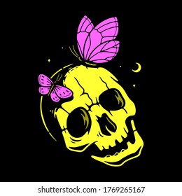 YELLOW SKULL WITH BUTTERFLY, BLACK BACKGROUND
