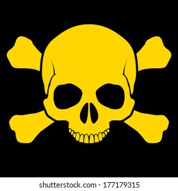 Yellow skull and cross-bones on black background as sign of danger