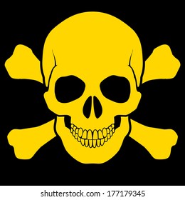 Yellow skull and cross-bones on black background. Symbol of danger
