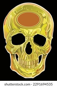 Calavera amarilla sobre fondo negro, . Calavera de oro. Calavera furiosa