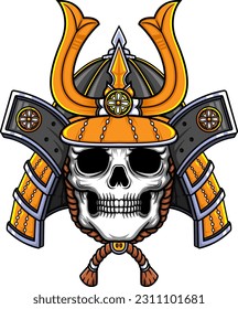 Yellow Skull Samurai warrior mask. Traditional armor of japanese warrior of illustration