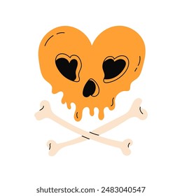 Yellow skull in the shape of a heart with bones. Cute Halloween sticker of a skull with eyes. Vector stock illustration on isolated white background.