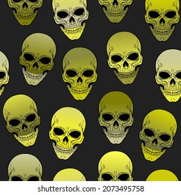 Yellow skulls with polygonal ornament pattern. Halloween. Seamless Modern Abstract Pattern. Aurora Gothic Skull Vector. Voodoo Crystal Skull Day Of The Dead Illustration