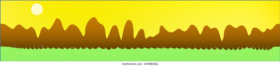 Yellow sky, and mountains landscape. Abstract, horizontal texture background picture. Colorful skinali background abstraction. Pure glass print fantasy. Horizon, unused. Old game style.