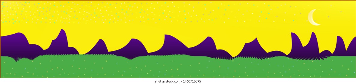 Yellow sky, and mountains landscape. Abstract, horizontal texture background picture. Colorful skinali background abstraction. Clear glass print fantasy. Horizon, modern. Old game style.