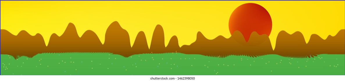 Yellow sky, and mountains landscape. Abstract, horizontal texture background picture. Colorful skinali background abstraction. Recent glass print fantasy. Horizon, blend. Old game style.