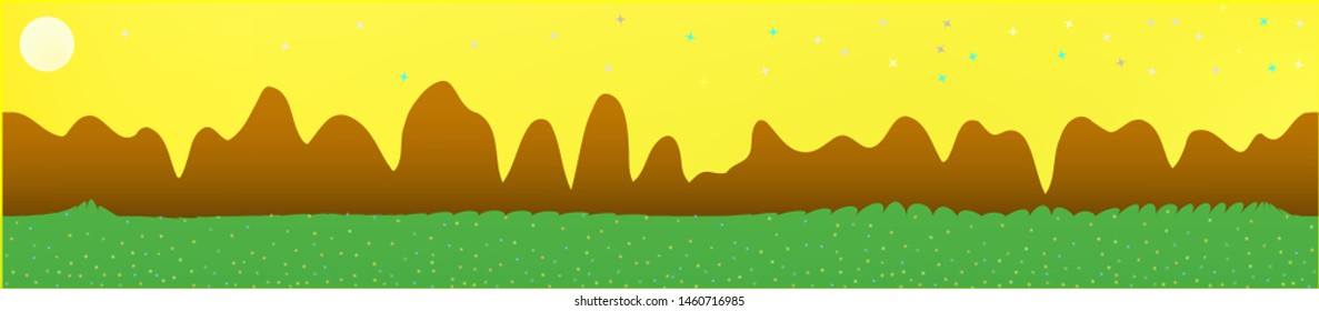 Yellow sky, and mountains landscape. Fairy tale panoramic landscape. Landscape fable. Net glass print fantasy. Horizon, chilly. Old game style.