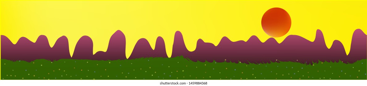 Yellow sky, and mountains landscape. Game style panaramic pattern. Concept skinali mesh pattern. Fresh glass print fantasy. Horizon, texture. Old game style.