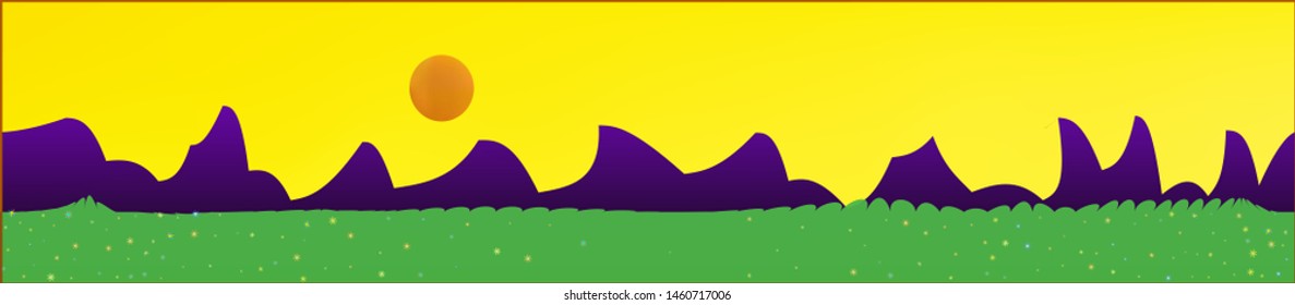Yellow sky, and mountains landscape. Game style panaramic pattern. Concept skinali mesh pattern. Crisp glass print fantasy. Horizon, blend. Old game style.