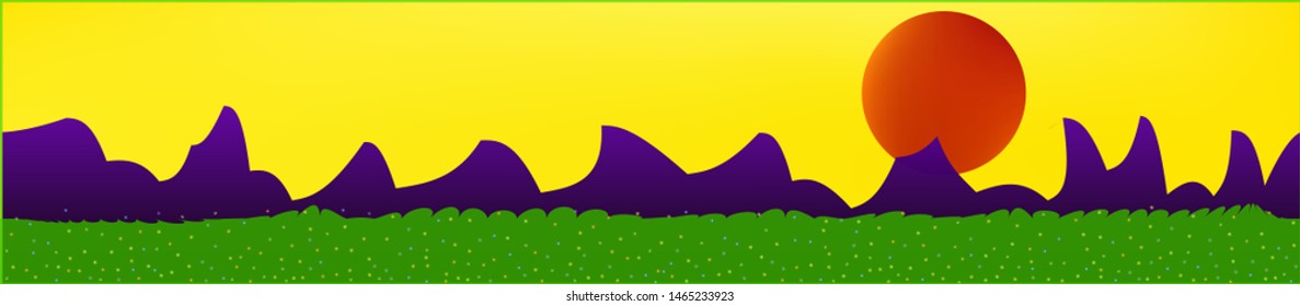 Yellow sky, and mountains landscape. Game style panaramic pattern. Concept skinali mesh pattern. New glass print fantasy. Horizon, graphic. Old game style.