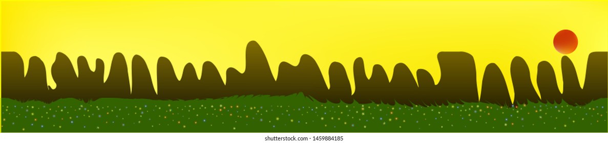 Yellow sky, and mountains landscape. Light glass print panaramic design. Glass print skinali light and dark. Clean glass print fantasy. Horizon, blend. Old game style.
