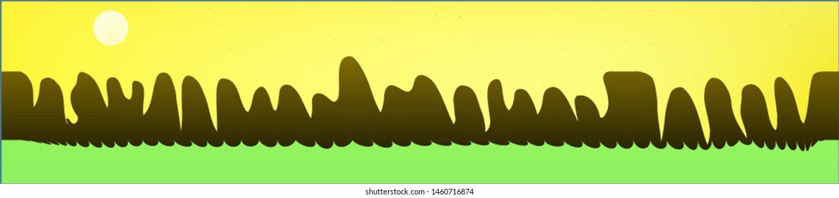 Yellow sky, and mountains landscape. Light colorful skinali art design. Wide artistic view. Recent glass print fantasy. Horizon, blur. Old game style.