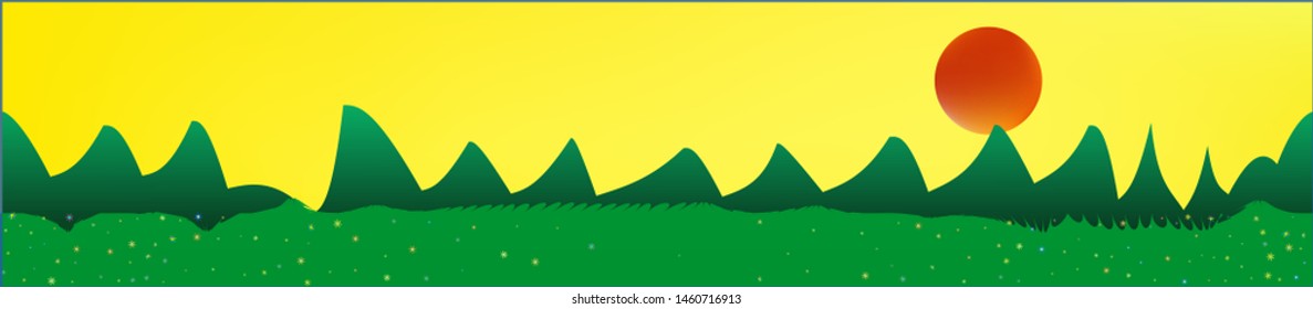 Yellow sky, and mountains landscape. Light glass print panaramic design. Glass print skinali light and dark. Clean glass print fantasy. Horizon, bright. Old game style.