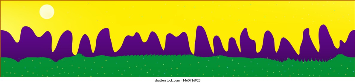 Yellow sky, and mountains landscape. Light glass print panaramic design. Glass print skinali light and dark. Pure glass print fantasy. Horizon, mesh. Old game style.