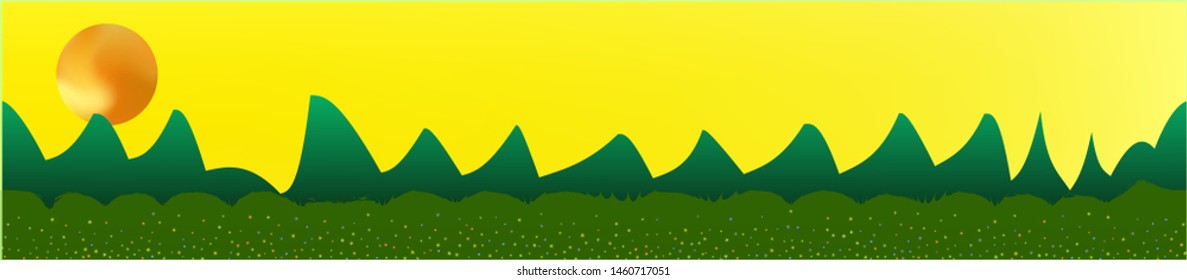 Yellow sky, and mountains landscape. Light glass print panaramic design. Glass print skinali light and dark. Cool glass print fantasy. Horizon, bright. Old game style.
