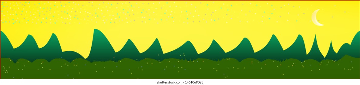 Yellow sky, and mountains landscape. Light colorful skinali art design. Wide artistic view. Net glass print fantasy. Horizon, graphic. Old game style.