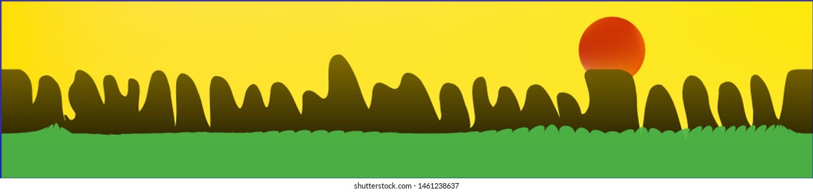 Yellow sky, and mountains landscape. Light glass print panaramic design. Glass print skinali light and dark. Clear glass print fantasy. Horizon, chilly. Old game style.