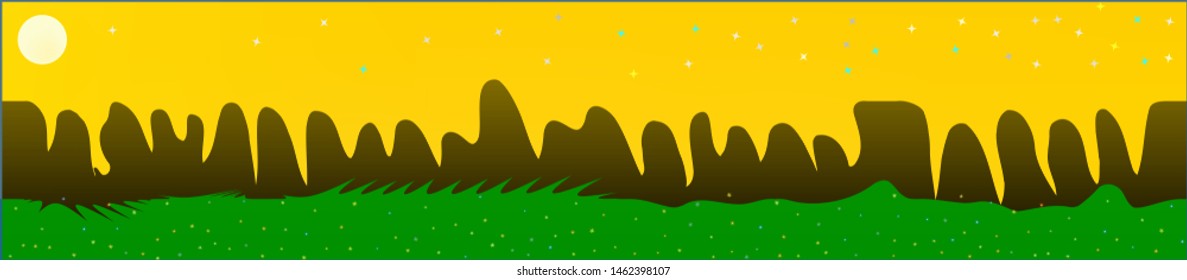 Yellow sky, and mountains landscape. Light glass print panaramic design. Glass print skinali light and dark. New glass print fantasy. Horizon, mesh. Old game style.