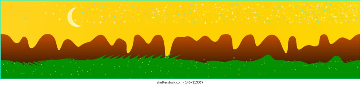Yellow sky, and mountains landscape. Light colorful skinali art design. Wide artistic view. New glass print fantasy. Horizon, light. Old game style.