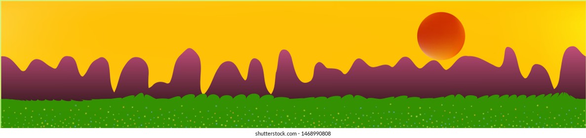 Yellow sky, and mountains landscape. Light colorful skinali art design. Wide artistic view. Clean glass print fantasy. Horizon, modern. Old game style.