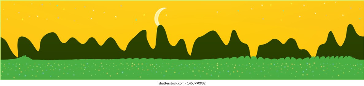 Yellow sky, and mountains landscape. Light colorful skinali art design. Wide artistic view. Net glass print fantasy. Horizon, mesh. Old game style.