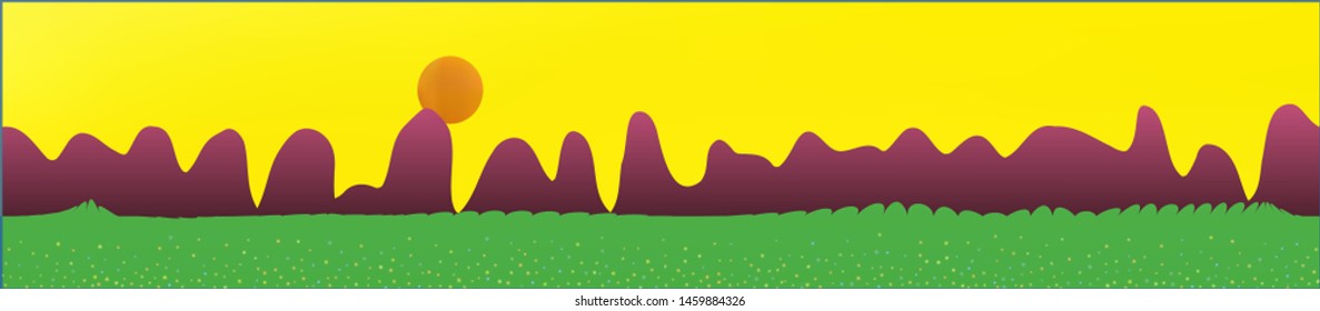 Yellow sky, and mountains landscape. Plain horizontal background illustration. Trendy fairy tale plain design. New glass print fantasy. Horizon, mesh. Old game style.
