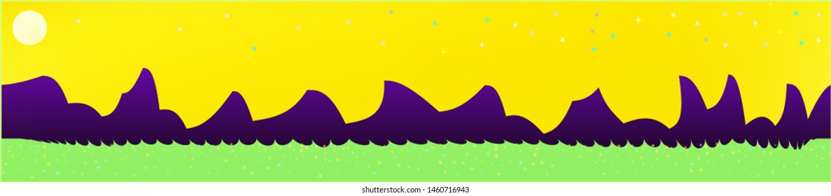 Yellow sky, and mountains landscape. Plain horizontal background illustration. Trendy fairy tale plain design. Pure glass print fantasy. Horizon, light. Old game style.