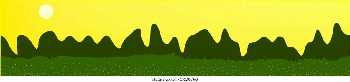 Yellow sky, and mountains landscape. Plain horizontal background illustration. Trendy fairy tale plain design. Fresh glass print fantasy. Horizon, chilly. Old game style.