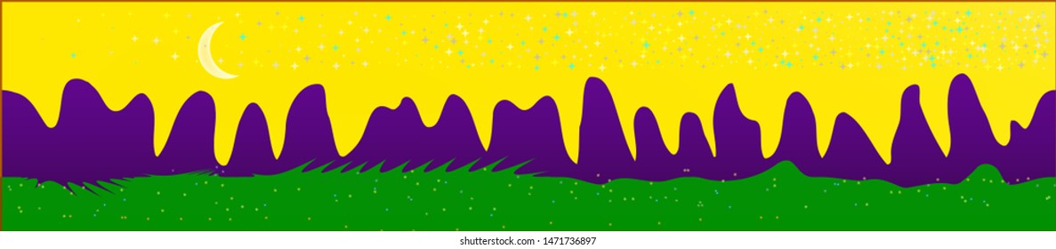 Yellow sky, and mountains landscape. Plain horizontal background illustration. Trendy fairy tale plain design. Clear glass print fantasy. Horizon, mesh. Old game style.