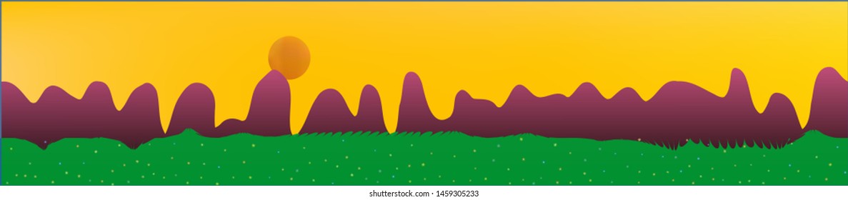 Yellow sky, and mountains landscape. Texture background illustration design. Colorful new glass print design. Fresh glass print fantasy. Horizon, graphic. Old game style.