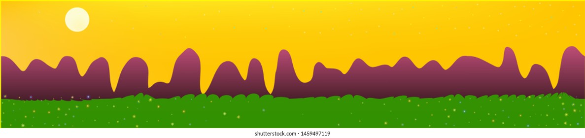 Yellow sky, and mountains landscape. Texture background illustration design. Colorful new glass print design. Pure glass print fantasy. Horizon, blend. Old game style.