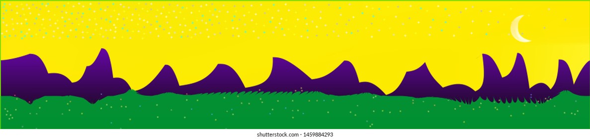 Yellow sky, and mountains landscape. Texture background illustration design. Colorful new glass print design. New glass print fantasy. Horizon, chilly. Old game style.