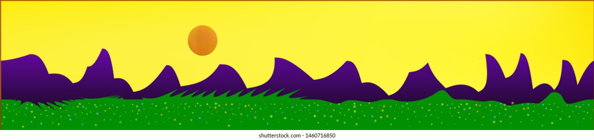 Yellow sky, and mountains landscape. Texture background illustration design. Colorful new glass print design. Cool glass print fantasy. Horizon, bright. Old game style.