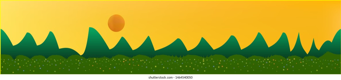 Yellow sky, and mountains landscape. Texture background illustration design. Colorful new glass print design. Recent glass print fantasy. Horizon, smoot. Old game style.