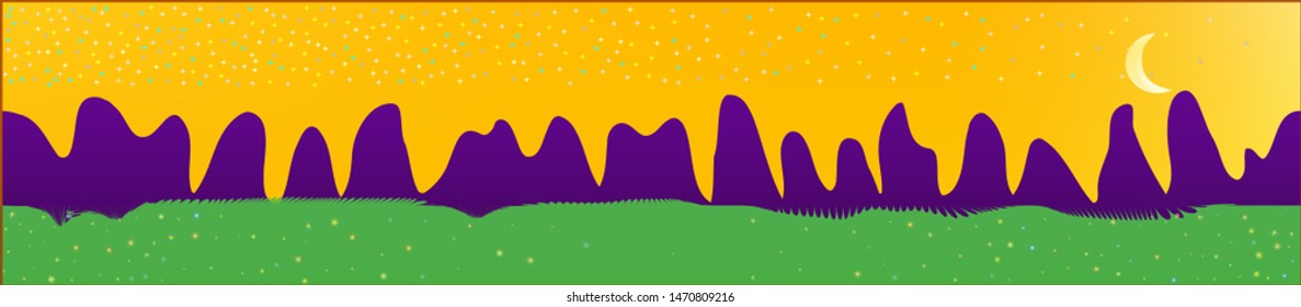 Yellow sky, and mountains landscape. Texture background illustration design. Colorful new glass print design. Clean glass print fantasy. Horizon, chilly. Old game style.
