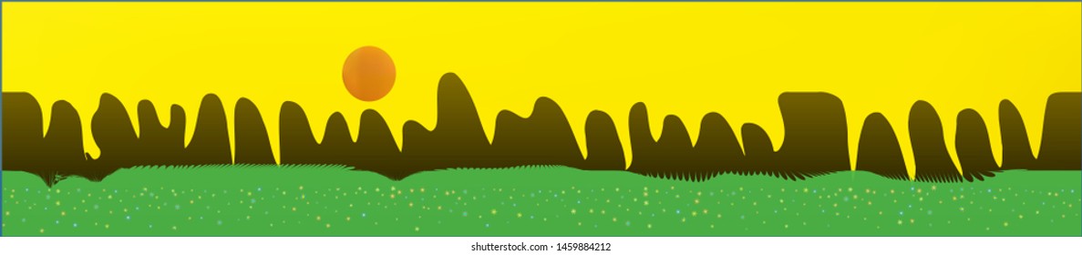 Yellow sky, and mountains landscape. Wide horizontal background. Trendy modern skinali design. Cool glass print fantasy. Horizon, smoot. Old game style.