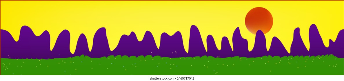 Yellow sky, and mountains landscape. Wide horizontal background. Trendy modern skinali design. Pristine glass print fantasy. Horizon, graphic. Old game style.