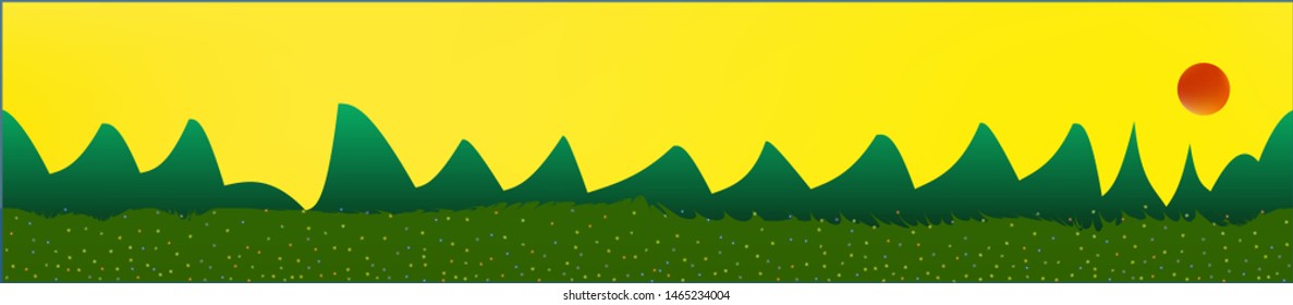 Yellow sky, and mountains landscape. Wide horizontal background. Trendy modern skinali design. Crisp glass print fantasy. Horizon, graphic. Old game style.
