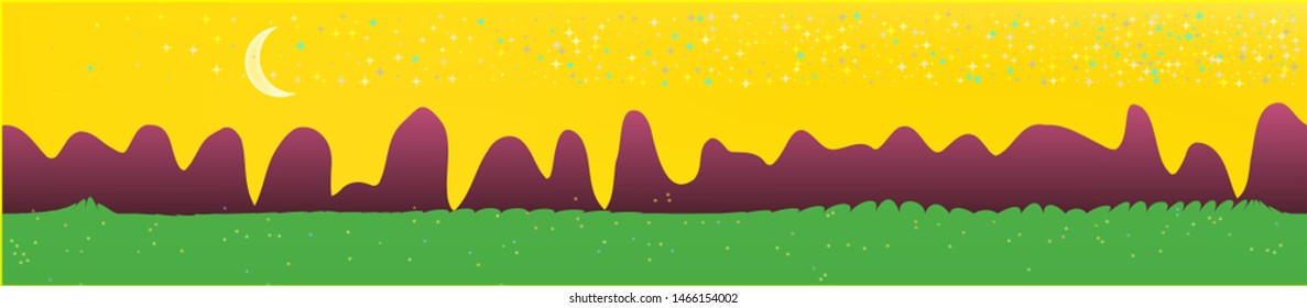 Yellow sky, and mountains landscape. Wide horizontal background. Trendy modern skinali design. Pristine glass print fantasy. Horizon, blur. Old game style.