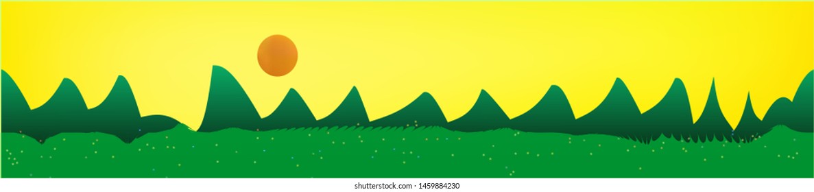 Yellow sky, and mountains landscape. Wonderful landscape texture background. Colorful horizontal pattern texture. Pure glass print fantasy. Horizon, modern. Old game style.